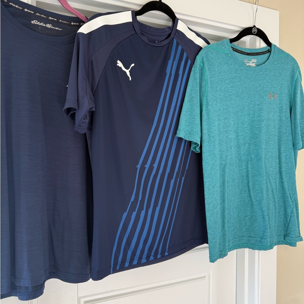 Men’s size medium athletic shirt bundle. Under Armour , Puma and Eddie Bauer